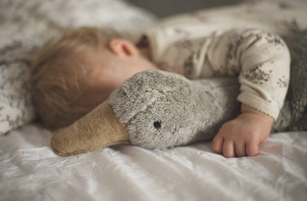Child sleeping with a plush toy on a bed