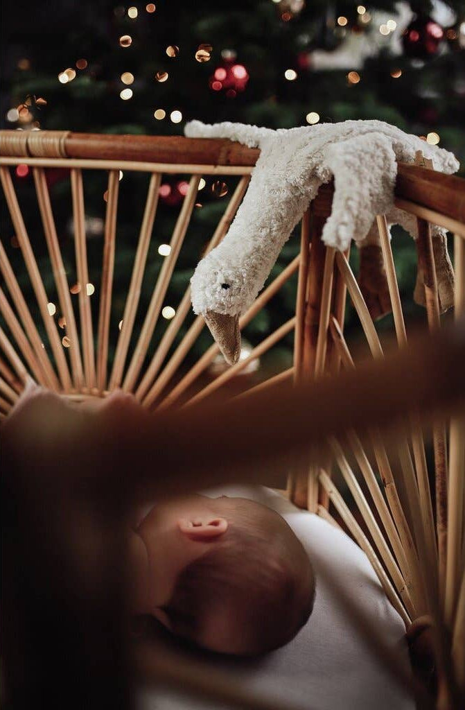 Newborn baby sleeping in a crib with a Christmas tree in the background