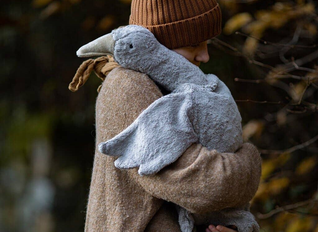 Person wearing a brown coat and hat holding a gray plush toy against a blurred natural background