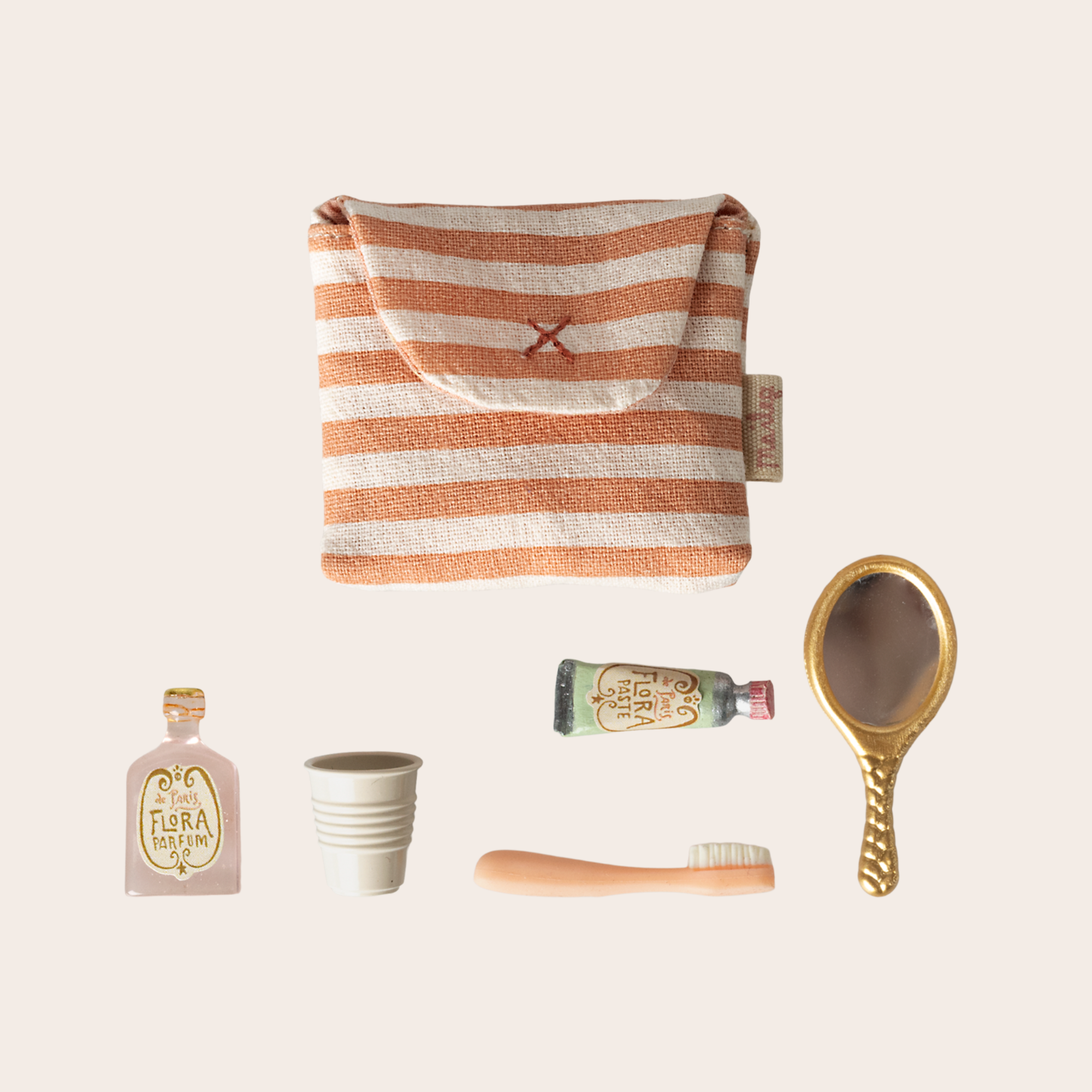 Maileg Toothbrush Set in Bag, Mouse - Coral Stripe