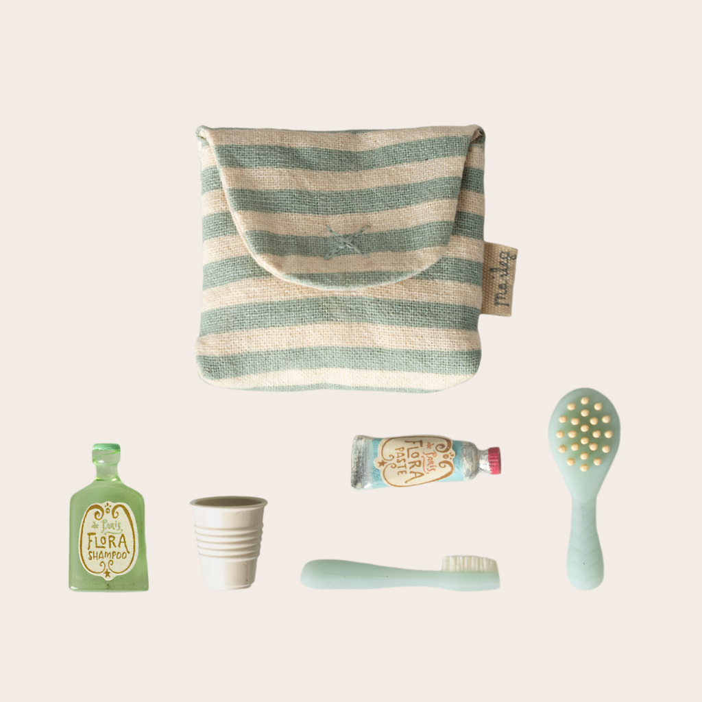 Maileg Toothbrush Set in Bag, Mouse - Blue Stripe