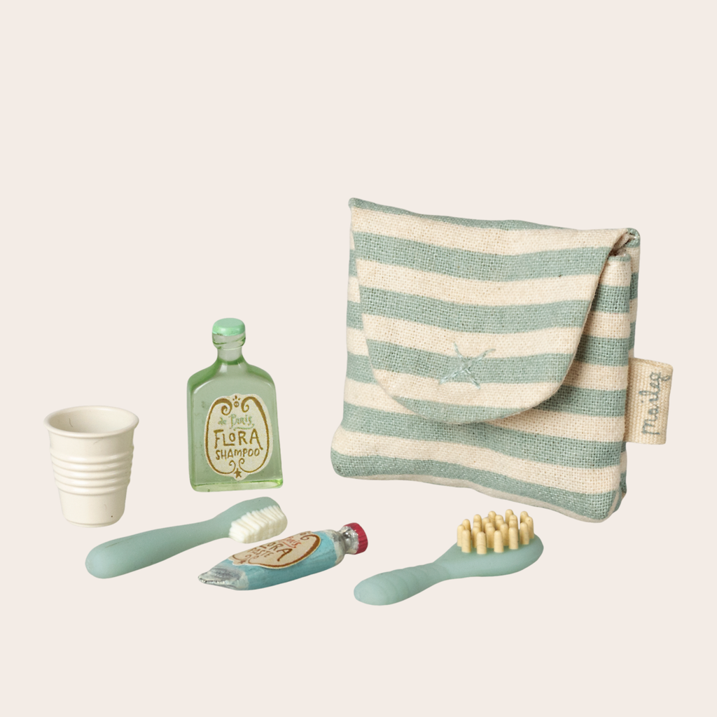 Maileg Toothbrush Set in Bag, Mouse - Blue Stripe
