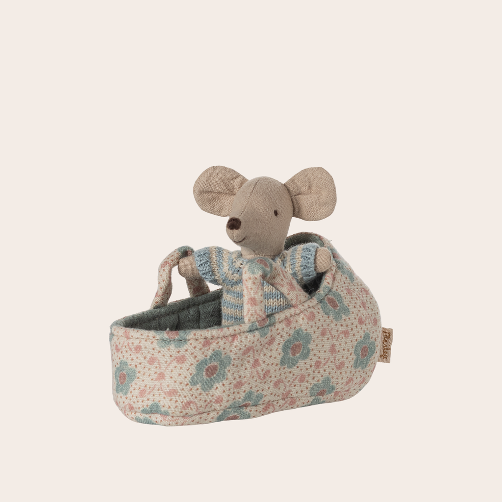 Maileg Baby Mouse in Carry Cot – Blue